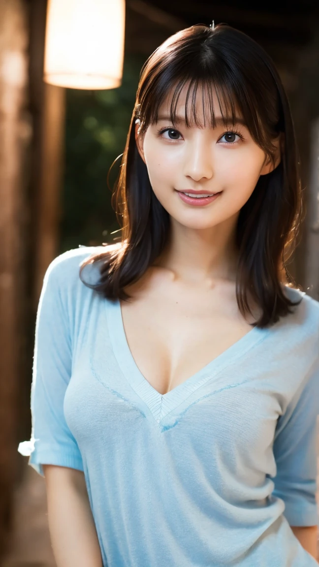 (Masterpiece:1.3), (8K, Photorealistic, Raw photography, Best Quality:1.4), (1girl), Realistic face, (Detailed face), Beautiful hairstyle, (Detailed hair), Realistic eyes, (Detailed eyes), Beautiful details, Realistic skin, (Detailed skin), Attractive, Ultra high definition, Very detailed, (large bust:1.4), gentle, brown semi-long hair, (wavy hair):1.3, (hair over clothes), (super model figure), late 30s Japanese woman, pretty 30s Korean woman, (simple white background:1.2), chest-up shot, upper body, upper body, ((light blue blouse with open chest)), smile, ((valley:1.4))