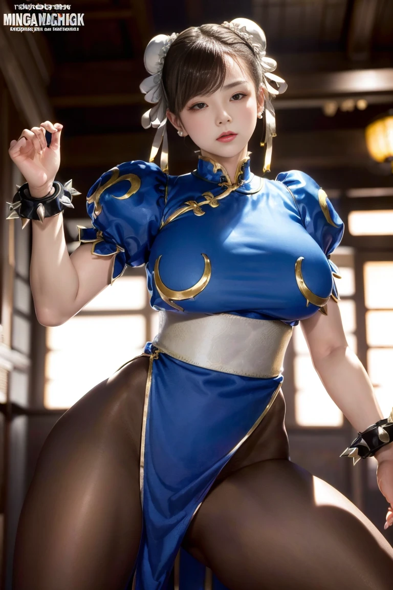 (((High Kick)))、Chun-Li from Street Fight II,The perfect Chun-Li costume,Blue Chinese dress with gold lines,Bun Head,Good cover,Fighting Pose,masterpiece、1 beautiful girl、Fine Eyes、Puffy eyes、highest quality, 超High resolution, (reality: 1.4), Cinema Lighting、Japanese、Asian Beauty、Korean、so beautiful、Beautiful Skin、Body facing forward、Face close-up、(超reality的な)、(High resolution)、(8k)、(Very detailed)、(美しくFine Eyes)、(Very detailed)、 (wall-)、Detailed face、Bright lighting、Professional Lighting、Looking at the audience、Look straight ahead、Diagonal bangs、Nogizaka Idol、Korean Idol、masterpiece, highest quality, masterpiece, highest quality, Perfect Face, Perfect brown eyes with white sclera, Bad move -5, alone, 1 girl, Upper Body, Brown Hair, From SF2, Chinese Language Services, smile, Muscular woman, Blue clothes, pantyhose, Pelvic Curtain, Puff short sleeves, Good cover, sash, evaluation:safety