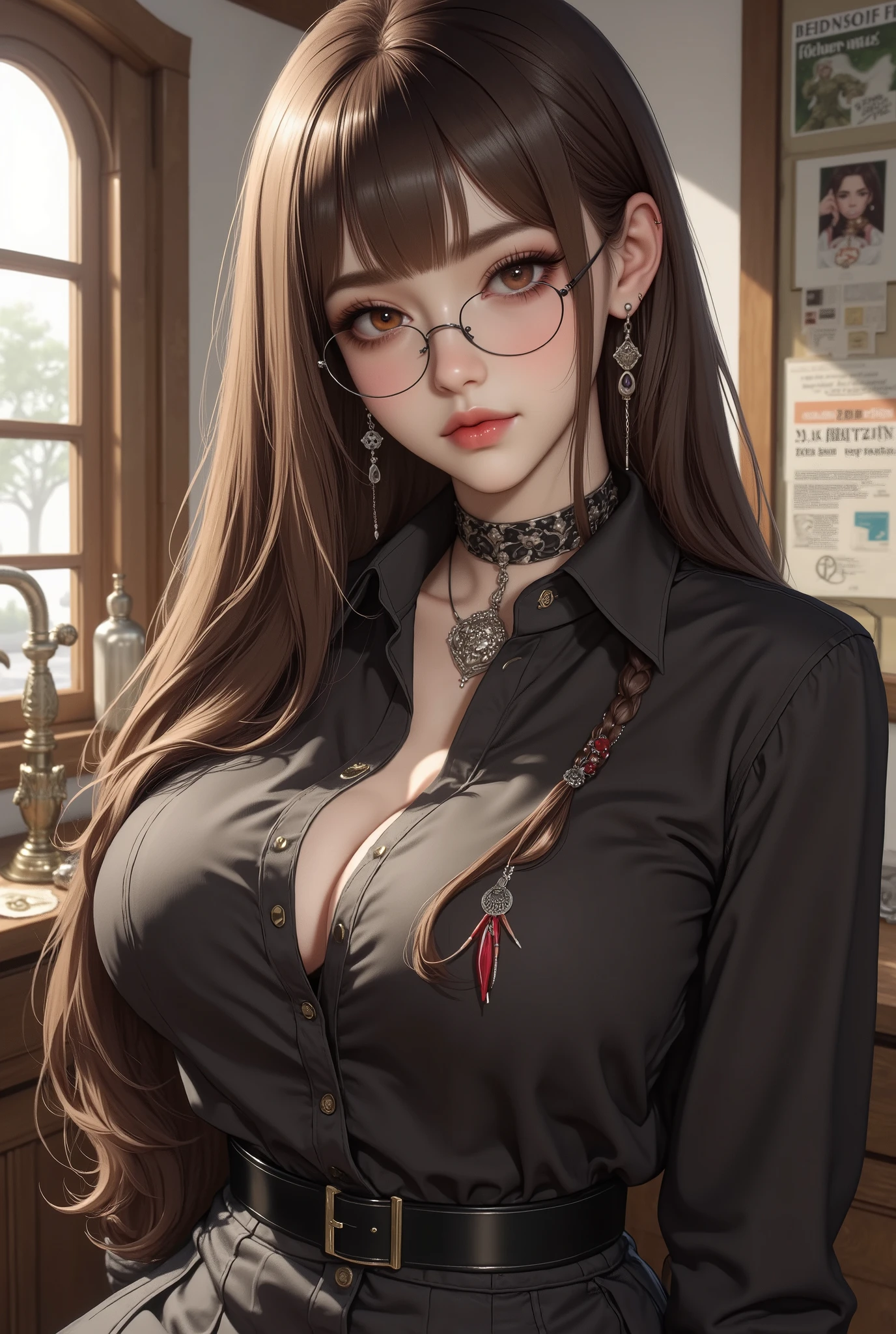 (anime girl with gradient hair,multicolored hair,brown hair, very long hair, black-framed eyewear,medium breasts,blunt bangs,sidebangs,freckles,) sitting,legs seperated, pov squatting cowgirl,(4K,tmasterpiece,A high resolution,extremly intricate)(realisticlying:1.4),cinematic lighting Delicate girl with facial featureull bodyesbian:2)