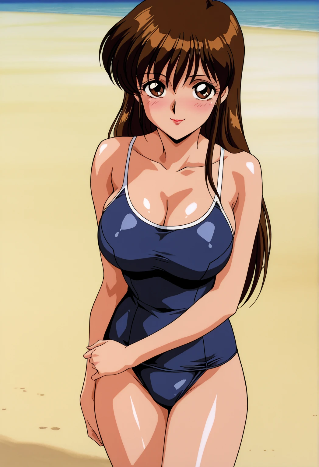 <lora:asakura_natsuki:0.8>asakura natsuki, 1girl, soro, brown hair, drill hair, blue eyes, long hair, ponytail, ribbon, large_breasts, retro artstyle,
blush, swimsuit, summer, beach, sea, cowboy shot,
masterpiece, high quality, very_high_resolution, large_filesize, full color,