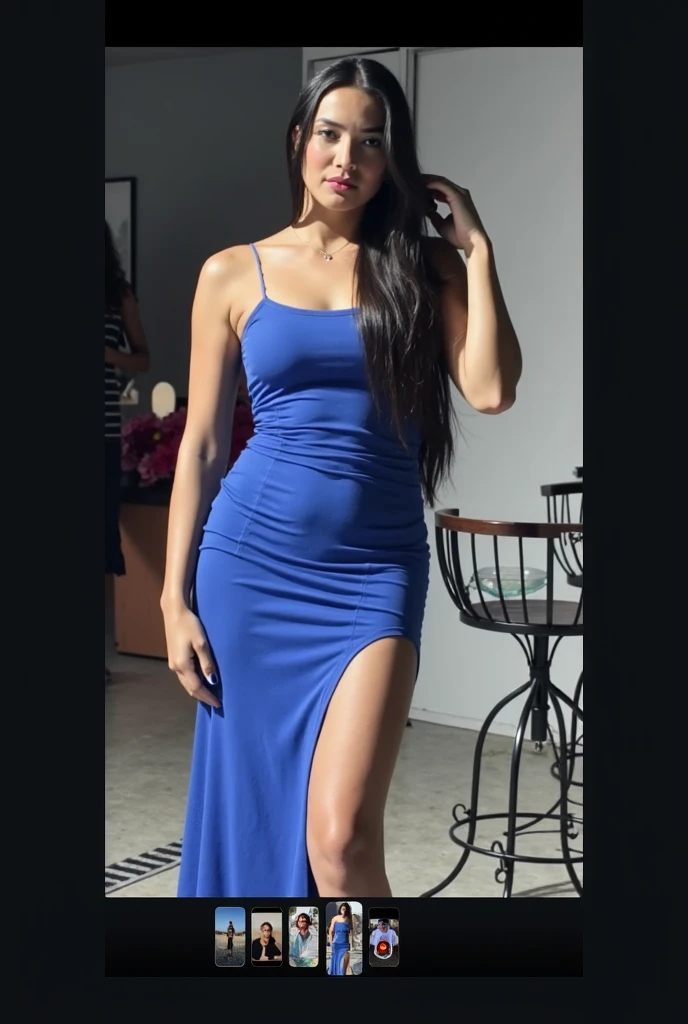 Make Larissa in this same pose wearing an identical outfit in an identical setting, cabelo castanho escuro