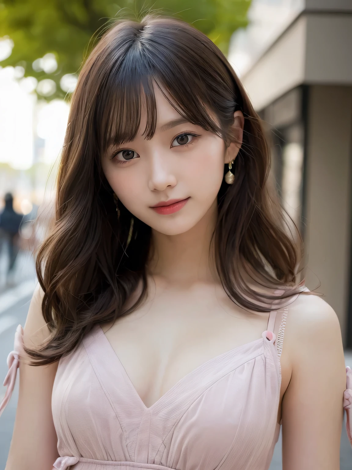 masutepiece, Best Quality, Illustration, Ultra-detailed, finely detail, hight resolution, 8K Wallpaper, Perfect dynamic composition, Beautiful detailed eyes, Women's Fashion Summer,Medium Hair,Small breasts natural color lip, Bold sexy poses,Smile,Harajuku、20 years girl、Cute、Sexy shot looking at camera