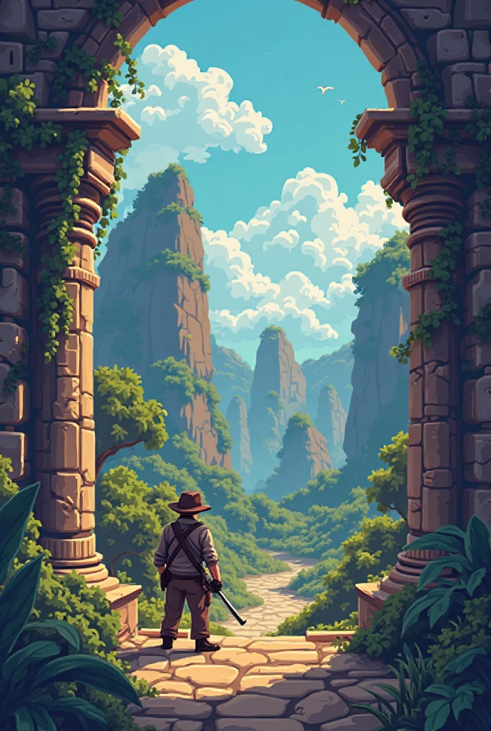 
quality\(8k,wallpaper of extremely detailed CG unit, ​masterpiece,hight resolution,top-quality,top-quality real texture skin,hyper realisitic,increase the resolution,RAW photos,best qualtiy,highly detailed,the wallpaper,cinematic lighting,ray trace,golden ratio\),dynamic pose,dynamic angle,(((pixel))),(((pixelart))), BREAK ,girl\(Adventures ,professor of archaeology,(cowboy_hat:1.3),belt_buckle,blonde hair,long hair,hair floating,messy hair,big breast,gun holder,gun,bullet belt, whip,short pants, leather jacket, white tubetop, long boots,hiding in the bush\), BREAK ,statue/(very huge ,old, goddess of jungle/),background\(outdoor,sunshine,dappled sunlight,(dark jungle:1.5),pond,(many plants:1.5)),