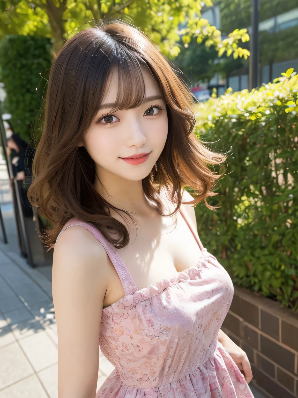masutepiece, Best Quality, Illustration, Ultra-detailed, finely detail, hight resolution, 8K Wallpaper, Perfect dynamic composition, Beautiful detailed eyes, Women's Fashion Summer,Medium Hair,Small breasts natural color lip, Bold sexy poses,Smile,Harajuku、20 years girl、Cute、Sexy shot looking at camera