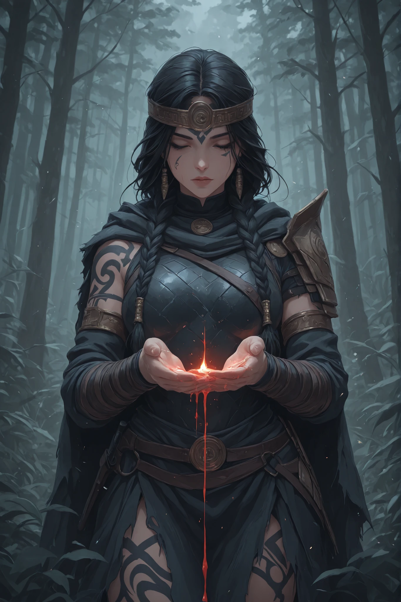 Beautiful Viking woman , with braided blond hair, with a very sexy body , nordic wolf skin armor but sexy, with an acha on his hands, and his skin with runic tattoos and blood, in a gray environment