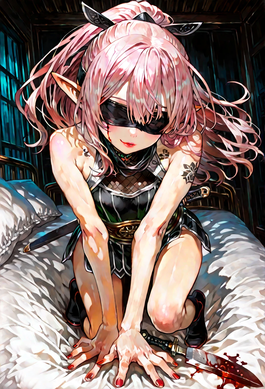 Solo character, full body version, young girl, (elf), green eyes, pink color hair, long haircut, red bra, black briefs, indoor, village, prison, medieval, dark, detailed background, detailed clothing, detailed hair, crying eyes, medium breast, sit down gesture, (Doraemon style art), handcuff, blood on background, tortured