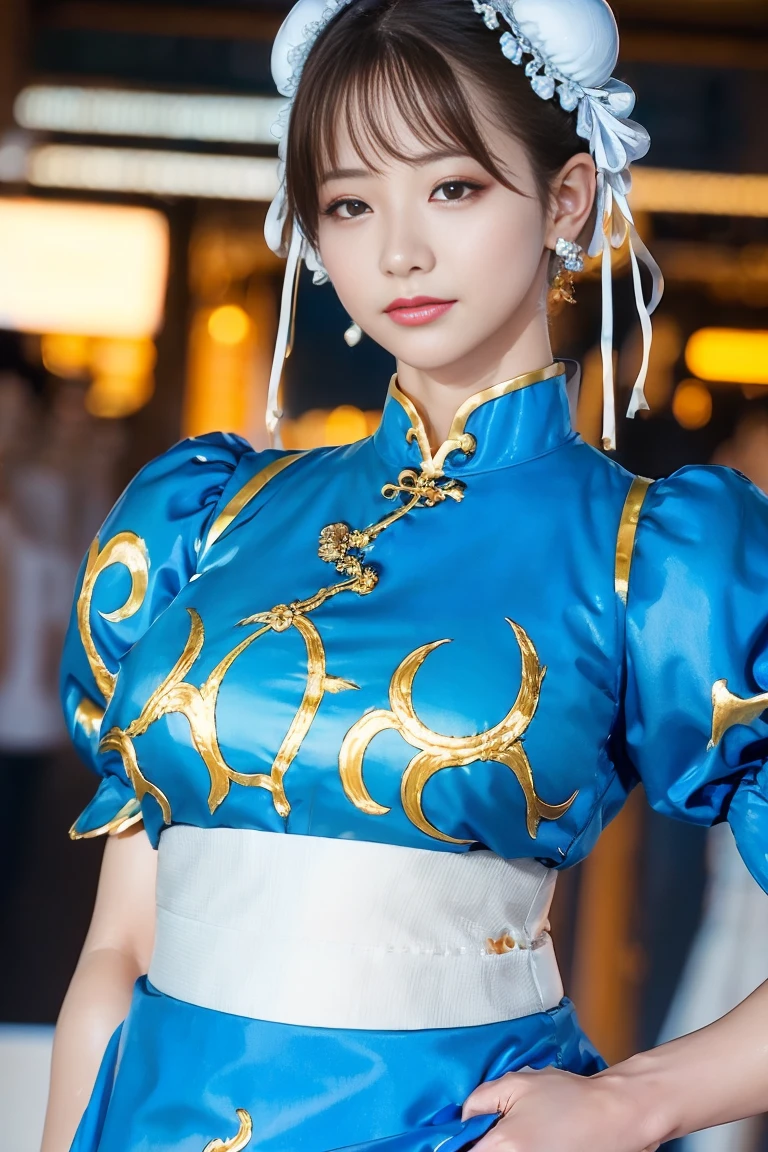 Mary Rose, Blonde Hair, ((12 years old)), ((Short curly hair)), Eye((Smart Eye, Black)), clothing((satin, mini skirt, satin带饰边, orange, orange)), Accessories ((Hairpin, Shock, bracelet)), Ponytail, (((slim, Huge breasts))), Big breasts, Korean makeup, Happy, stage, spotlight, concert, Smile, Smile表情, Dance, ((Short curly hair))