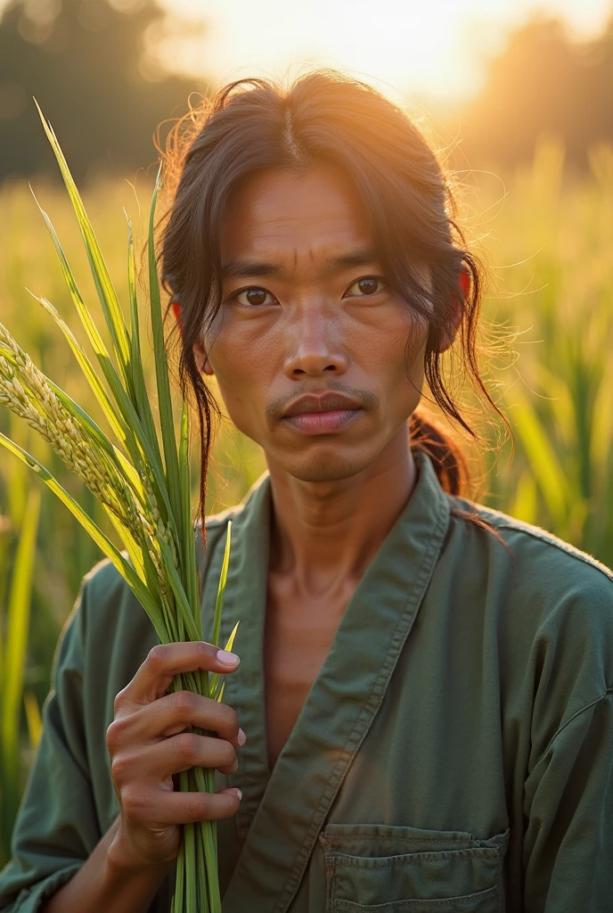 Real photo style、Realistic、Cute handsome man、Idol face、、Japanese、Slim body、Mash Hair、Completely naked、Full nudity、Harvesting rice in a rice field using a grass cutter、Naked