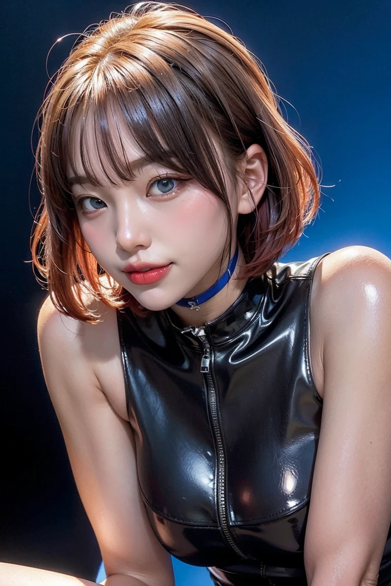 (head shot)、8k、portrait、masterpiece、best image quality、１girl、cute、slim、flat body、、lonely face、dark cave background、neonで光るソードを手に持ち私を切りつける, neonで光り輝く剣、cyber punk、neon、line of light