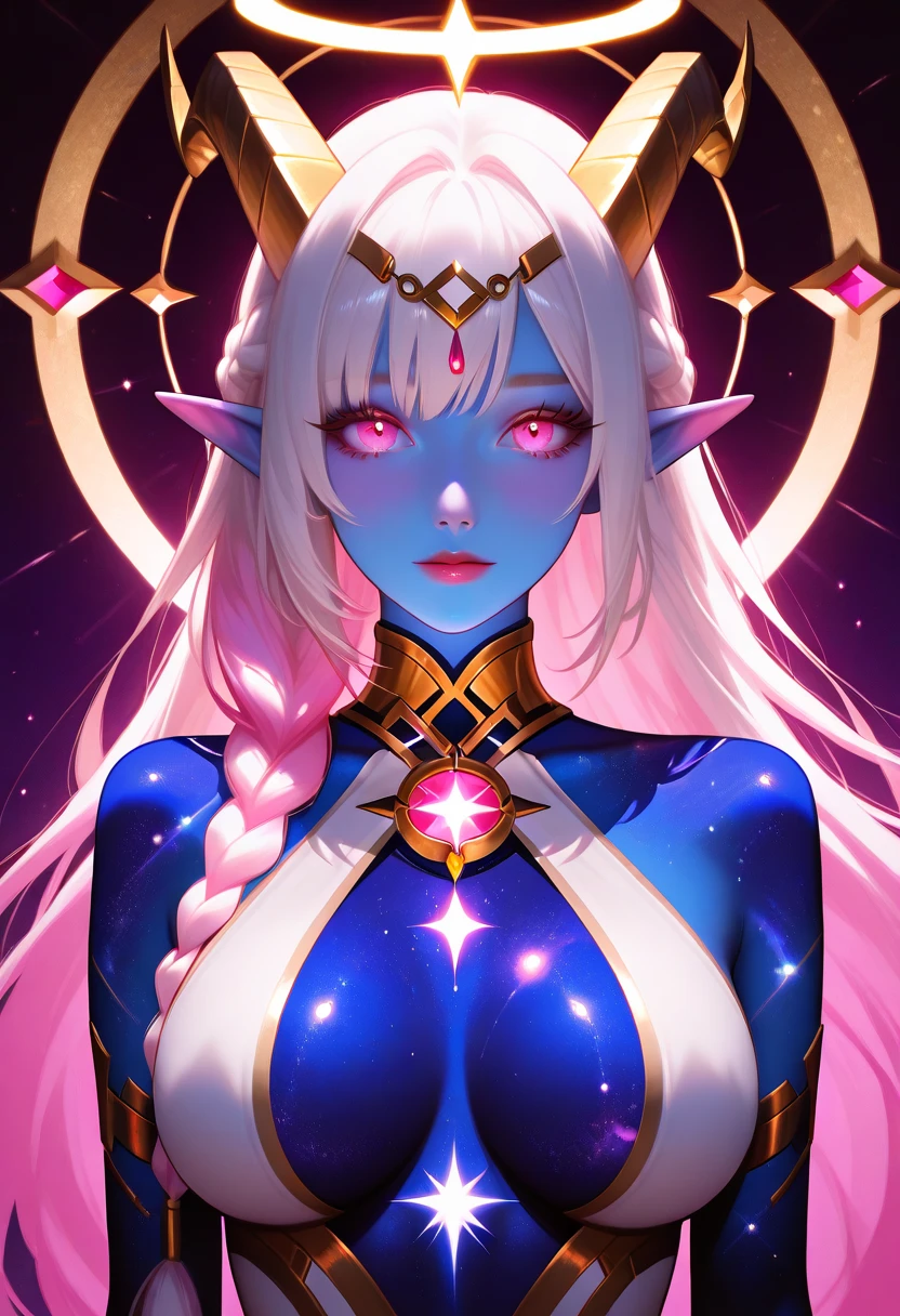an drow elf, with blue skin, pink hair, with a bob haircut, with one of her fangs slightly showing, she is a vampire, with space armor. ((melhor qualidade)), ((obra de arte)), (detalhado), rosto perfeito