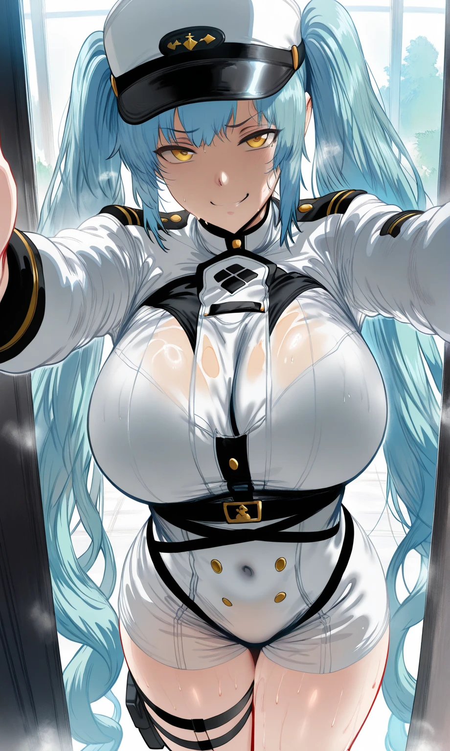 high detail, High Quality,4k , 8k ,masterpiece,no text,Quality Highlights ,(masterpiece, Best Quality ,very pretty ), hews,
privdf, yellow eyes, aqua hair, twin tails, very long hair, bangs, peaked cap, white hat, large breasts, military uniform, white jacket, white shorts, harness, thigh strap, gigantic breast ,seductive body, random sexy pose , looking at viewer , wet , sweat, steam ,smug , kabedon pov