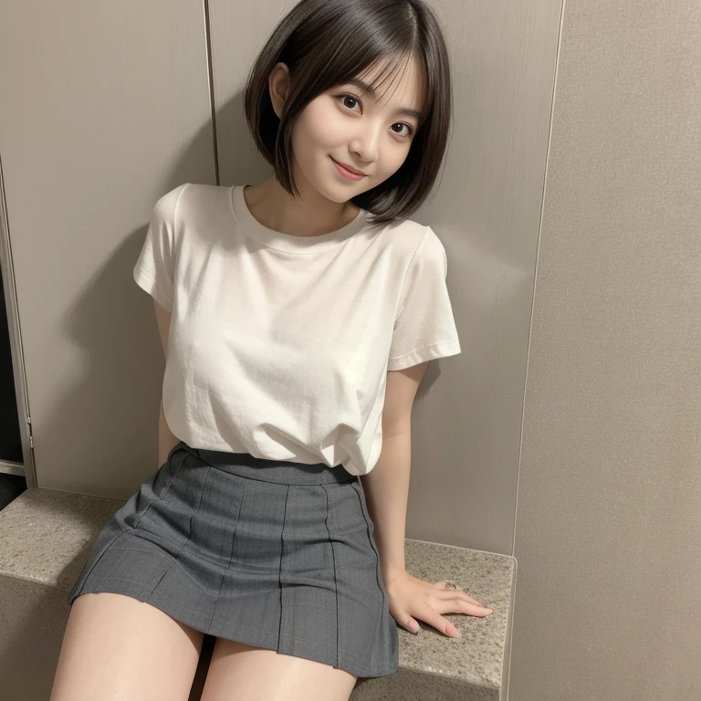 pretty girl、beautiful girl、Sitting、smile、mini skirt、from bellow