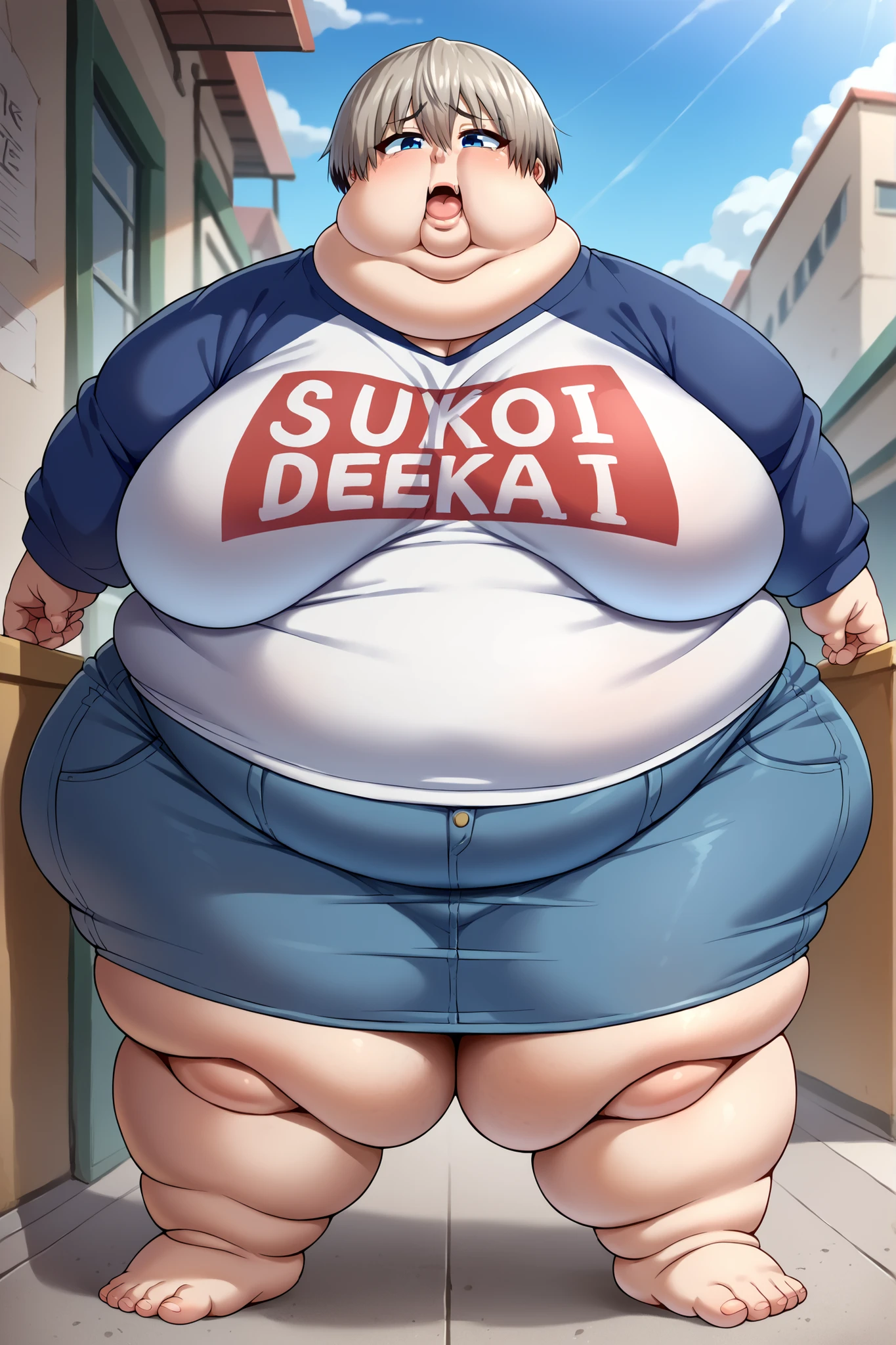 (best quality,4k,8k,highres,masterpiece:1.2), ultra-detailed, (realistic,photorealistic,photo-realistic:1.37), HDR, UHD, studio lighting, ultra-fine painting, sharp focus, physically-based rendering, extreme detail description, professional, vivid colors, bokeh, portraits, photography, (best quality,masterpiece:1.3), (mature woman, milf), (tall:1.2), anime, masterpiece, beautiful eyes, best quality, detailed face, 1girl, solo, beautiful, uh1, shirt, raglan sleeves, romaji text, clothes writing, long sleeves, denim shorts, pantyhose, fang, huge belly, bloated belly, stuffed belly, plump, chubby, curvy, chubby girl, belly, big belly, fat belly,