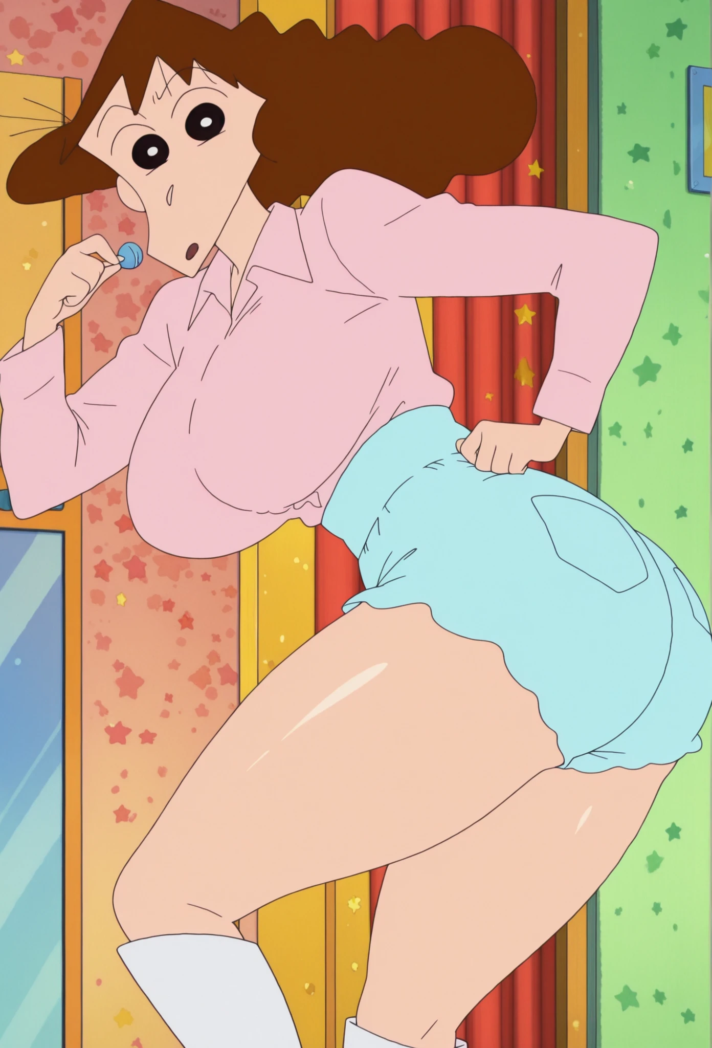 HD, high quality, high resolution, ultrahd,Kaori Makimura, 1female, wearing default outfit, light pink shirt, white coat, wearing coat over tshirt, jeans, default hair, brown hair, very tall body, thin body, massive fart, yellow smoke, velocity, wide eyes, big eyes, eyes upwards, eyes looking upwards, both hands on ass, putting both hands on ass, ass covered with both hands, leaning, embarrassed, smiling, clenching teeth, alone in a room, beautiful lighting, highlights