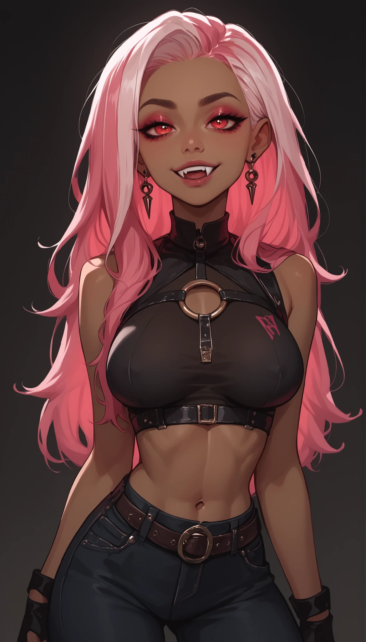 score_9_up, score_9, score_8_up, score_8, score_7_up, score_7, cinematic lighting, raw, high quality, 4k resolution, absurdres, masterpiece, dynamic lighting, high contrast, morimee_style, detailed face, 1girl, solo,
1girl, solo, perfect eyes, (round breasts), (petite), angular features, sharp features, (perfect eyes), ((cute)), perky breasts, busty, slim body, (cute), toned, ((slim body)),
dark background,
Velvette, Earrings, Fingerless Gloves, Crop Top, Fangs, Pink Hair, Long Hair, Dark Skin, Colored Skin, Multicolored Hair, Midriff, Colored Sclera, Red Eyes, Eyeshadow