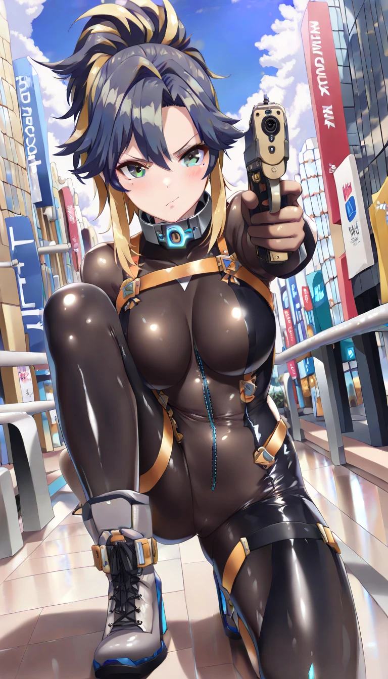 BREAK、(look at the audience、(若いcute美しい18歳の女の子:1.1)、Japanese faces、small face、3d face、beautiful girl、beautiful face、cute、Girlface、Kpop idol、Supermodel、Stunning innocent symmetrical face、perfect body、thin slim waist、make your legs thinner、(high detail skin:1.2)、shining eyes、goddess、natural skin texture、shiny skin、white skin、美しいdetailed face、detailed face、real skin texture、cute繊細な顔、detailed face、golden ratio、golden ratio率顔、gentle smile、soft expression、Expressive Ace Perfect、perfect skin、clear face、shiny hair、natural makeup、beautiful bright pupils、eyes are blue:1.3、Slender body shape、complicated eyes、long eyelashes、blush、good hand、perfect hands、clean face、Fine-grained skin、油性のshiny skin、(((((navy blue and black tight bodysuit、tight fitting clothes、clothes that cover the whole body、clothes that hide skin、gentle smile、Knee-high boots、(gloves up to the elbow:1.8)、(Clothes that hide the thighs:1.8)、(clothes that hide the legs:1.8)、exoskeleton、Science fiction、dark blue hair、high knot ponytail、very long hair、(human body as a whole:2)、(lightning discharge lightning effects:1.2)、(Electrocution:1.3)、Hold the gun、battle、(electric sparks、spark of light、Flying bullets、Dodge bulletuildings hit by missileuture technology drones hit laser weapons:1.3)、adventurous look、starry sky、colorful refraction、ワームホールのような幻想的なWind景の世界、cyber punk、Manufacturing of metal textures、neon light、(night time:1.4)、Wind、rembrandt lighting、space warp、A gathering fog、Pixel art、game art、Key Visual、Surreal、PBR texturing、Anisotropic filter for maximum clarity and sharpness、Albedo and specular maps、multilayer texture、surface shading、subpixel convolution、Accurate simulation of light-material interactions))))、(Pure Eros Face_v1:0.5)、(Ulsan-6500:0.5)、(ticker:0.6)、Facing the viewer、dynamic angle、dynamic action、dynamic action、(dynamic pose:1.2)、Kick Pose、Hit Action Pose、hit,prepare a sword,riding on motorcycle,head tilt,Legs in your own embrace,Sit leaning against the wall))、(Time Machine、Computer、skyscraper gun、weapons of the future、(Backpack:1.1)、Real World、Plankton rattle field、volumetric fog、gray fog、cigarette、 explosion、apocalyptic、destroyed city background、burning building:1.3、splash of water、starry ski、huge moon、Earth、destroyed giant robot、radio tower、airplane flying overhead、shooting star rocket truck、broken car、derailed train、tank、giant weapon、electronic equipment、Luminous mechanism)