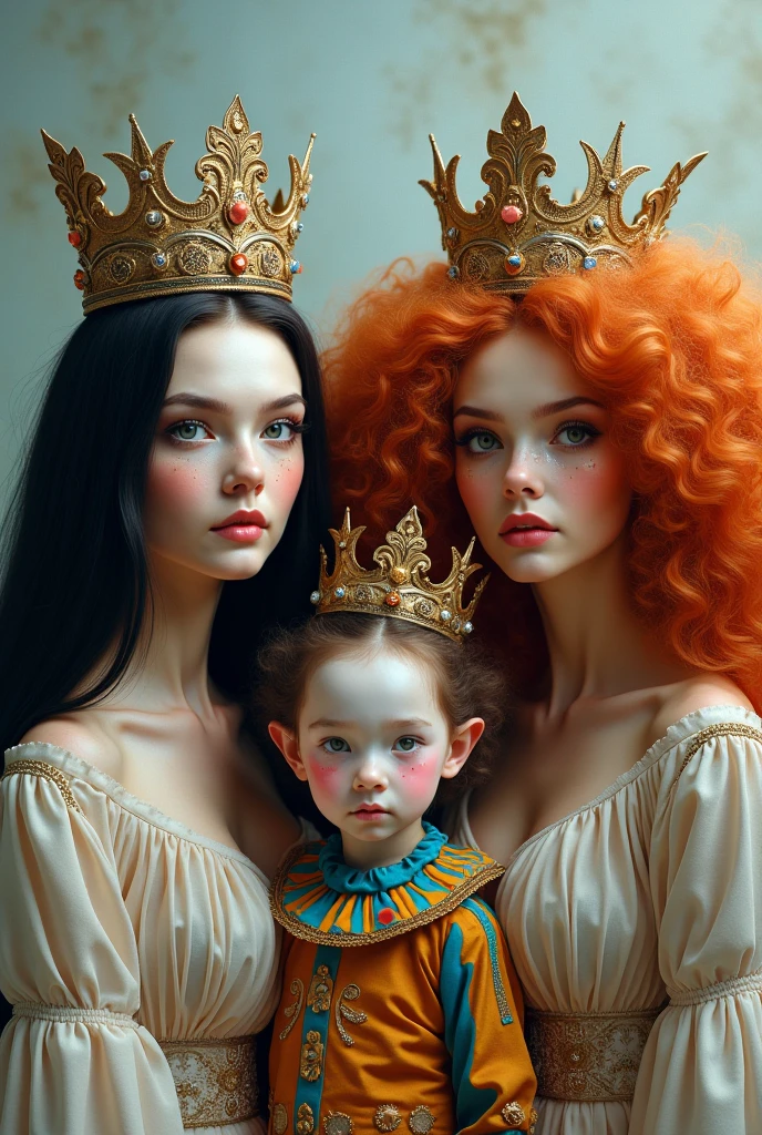 3 girls Russian children with 10 years old, PORTRAIT STYLE, with long BLONDE hair and a white top in a neon light, colorful portrait, like demon, witch queen portrait, made of mayonnaise, queen portrait, neon rain,, promotional image