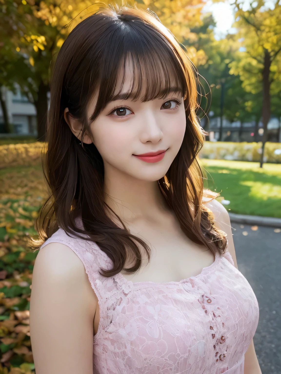 1 Girl,(Wearing an orange short-sleeved blouse:1.3),(RAW Photos, Highest quality), (Realistic, Realistic:1.4), Tabletop, Very delicate and beautiful, Very detailed, 2k wallpaper, wonderful, In detail, Very detailed CG Unity 8k wallpaper, Very detailed, High resolution, Soft Light, Beautiful detailed girl, Very detailed目と顔, Beautiful and sophisticated nose, Beautiful and beautiful eyes, Cinema Lighting, Spring afternoon park background, Perfect Anatomy, Slender body, smile, Wavy long hair, (Random body orientation), face looking at the camera,