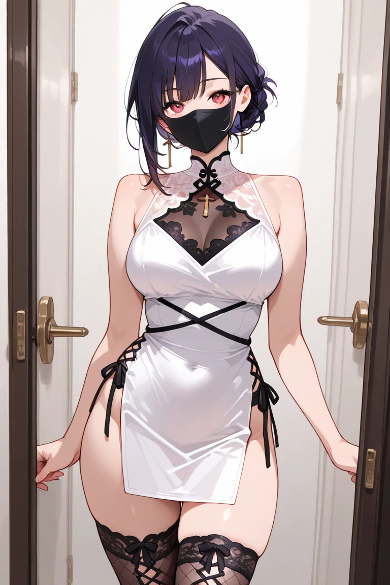 long black hair woman, perfect body, purple eyes, adult, sexy, wearing masquerade mask, manhwa, seductive, taking clothed off, sexy pose, undressing, taking dress off, elegant black dress off, in elegant noble bed chambers, exposed breasts, undressing bottom