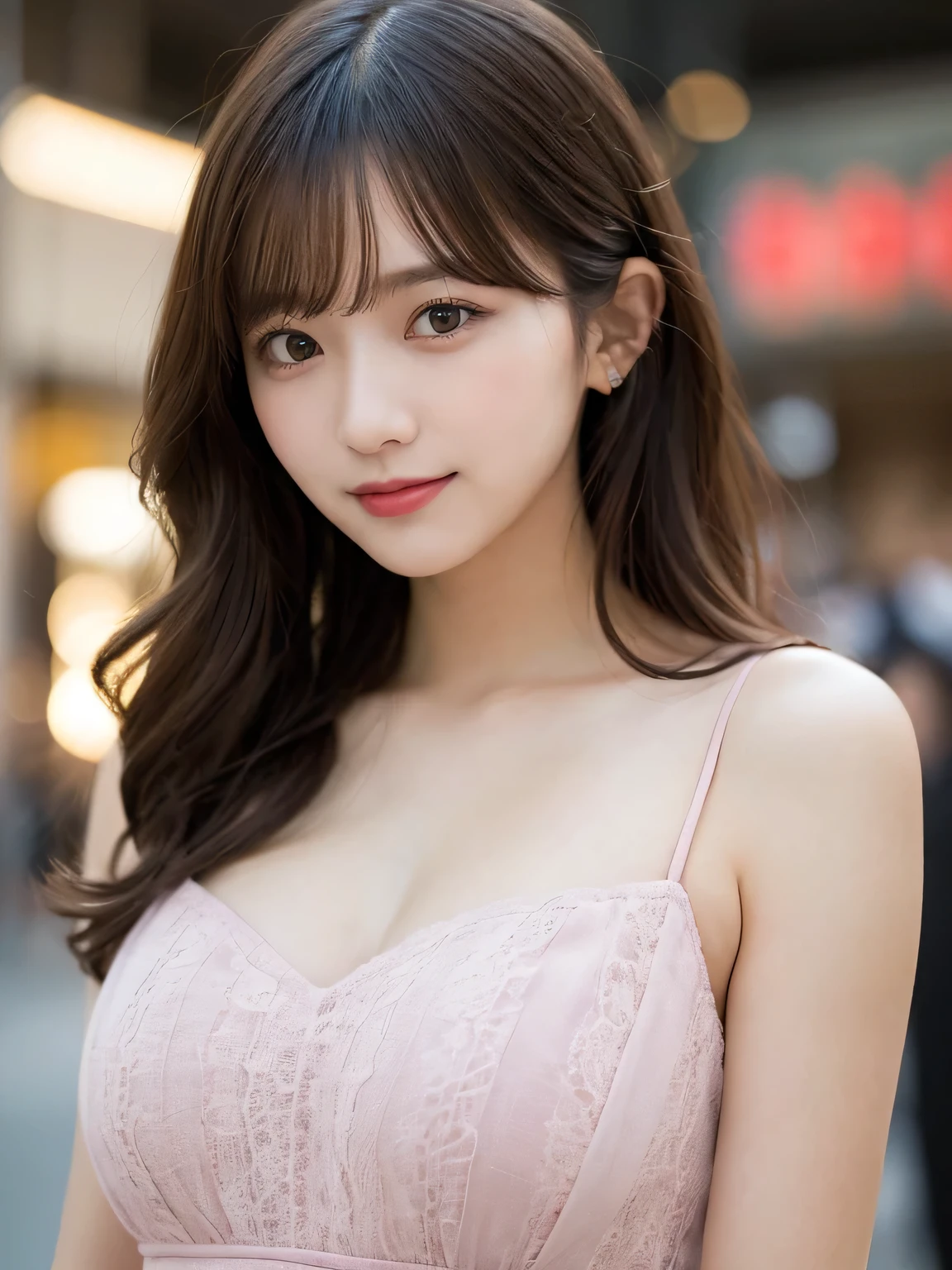 table top, highest quality, figure, Super detailed, finely, High resolution, 8k wallpaper, Perfect dynamic composition figure, (Beautiful bust line), detailed and beautiful eyes, spring ladies fashion,wavy hair,huge tit、natural color lip, bold sexy pose,smile,Harajuku、20 year old girl、cute、sexy shot looking at camera、Close-up of waist