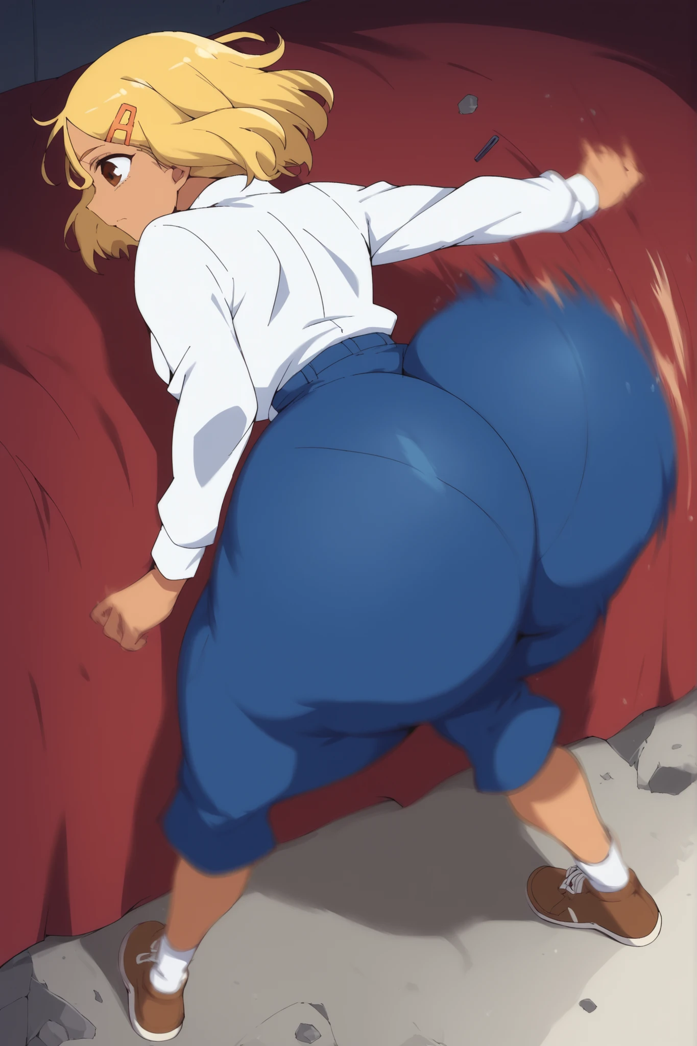score_9, score_8_up, score_7_up, score_6_up, score_5_up, score_4_up, masterpiece, high quality, BREAK, full body, BREAK, 1girl,  ClapEm, ass, huge ass, motion blur, motion lines, afterimage,bodysuit,  score_9, score_8_up, score_7_up, source_anime, ijiranaidesakura, sakura, short hair, blonde hair, hair ornament, brown eyes, hairclip, dark skin, dark-skinned female, white shirt, long sleeves, blue shorts