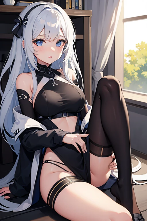 (1woman), (beautiful trendy girl), masterpiece, beautiful, Pixiv, top quality, (((long white hair))), Korean bangs, (((cowlick))), head to thigh shot view, (((blue eyes))), ((black long crop top)), (((white fashion coat))) ((short black skirt)), (((black stockings))), (sitting on a park bench), hand on purse strings, (warm smile), (immense blushing), (outdoor background)