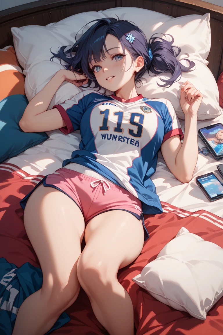 Femboy of trunks,For the blue,short,from Dragon Ball with his sword wearing a short Manchester United shirt ,Black skirt with short rose,Black and white tights,lying in bed tired