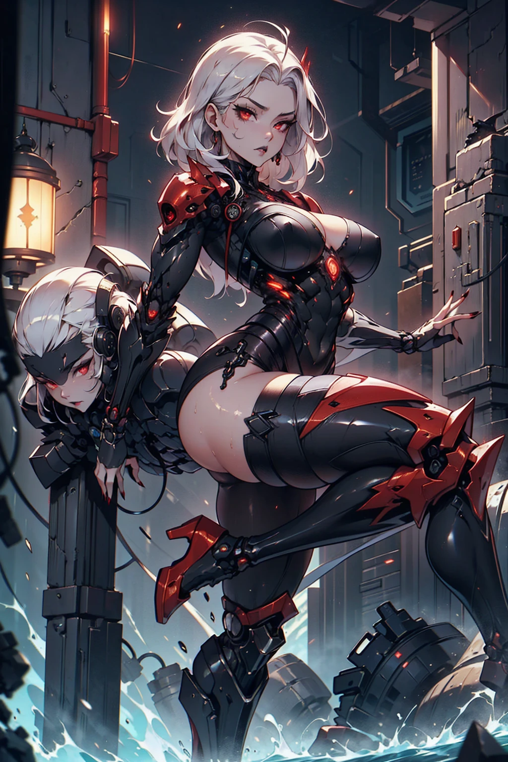 (ultra-definition), Big anime character with red skin and silver hair, Manipulating tentacles,thick smooth warframe thighs, Guyver Style, fuchsia skin below the armor, Beautiful Lady in Warframe, Devil's Tail, gynoid body, Commission for high resolution, Widowmaker,