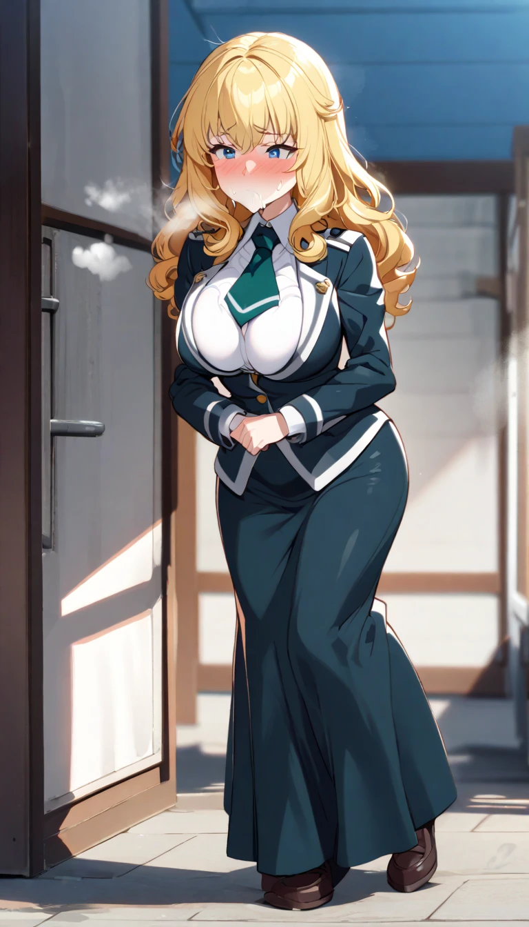 (Big tits), white shirt, (long coat), black tight skirt,  fullbody, cleavage, good anatomy, masterpiece, best quality, 4k, 8k, professional photography, soft light, sharp focus, 1 girl, blonde hair, at classroom, blonde hair, parted banks, detailed face+brown eyes, open lips, lipstick, close up view, whiteboard