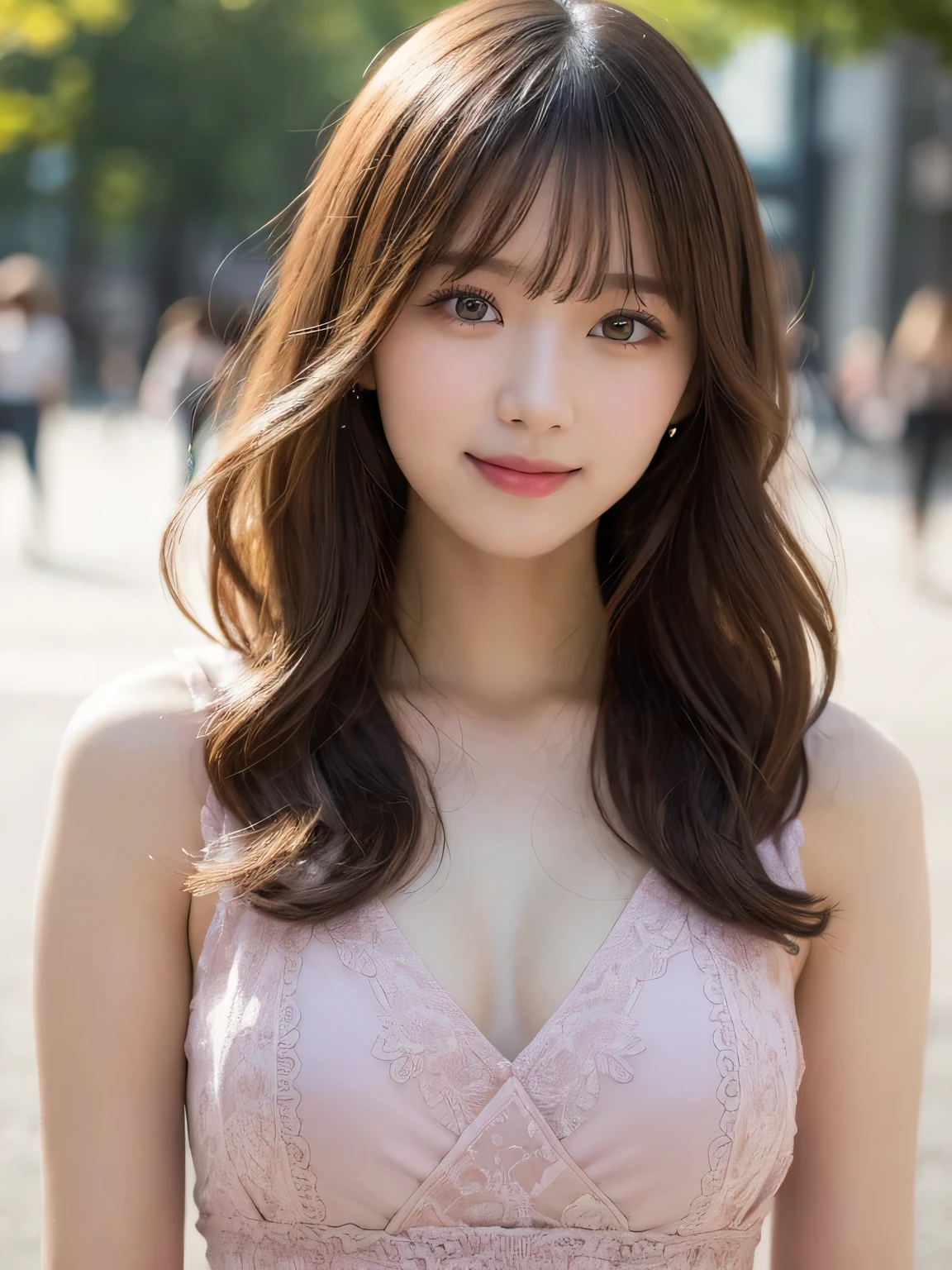 (Detailed skin:1.2),(Shiny skin:1.1),8K,Highest quality, masterpiece, Ultra-high resolution,(Realistic:1.4), RAW Photos,(Soft saturation:1),(Fair skin:1.2),Half-Japanese beauty,repair,20 years, Light brown hair,Random Hairstyles, (Long Hair:1.2), Asymmetrical Hair, (Pretty face:1.4), (Large Breasts, Tight waist,Big firm hips:1.2), Beautiful lighting, (sexy mini dress:1.2),(Highly detailed face, Highly detailed lips, fine grain, double eyelid,Highly detailed and evenly balanced eyes), (Sharp focus:1.2), (Perfect Anatomy:1.2),(Beautiful woman with perfect figure: 1.2)、(Exposing cleavage)、(Random sexy poses),(Accentuate your leg lines:1.1)、Sharp Eyes,smile,(Full Body Shot:1.2),Standing Pose,(Blur the background:1.2)