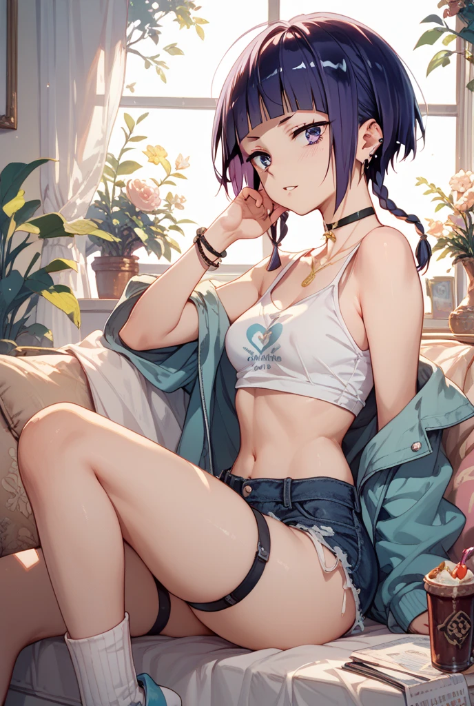 <lora:roach-16:1>1girl, shorts, camisole, midriff, sitting, chair, blush, closed eyes, open mouth, sweat, hand between legs, legs together, female masturbation, masterpiece, best quality