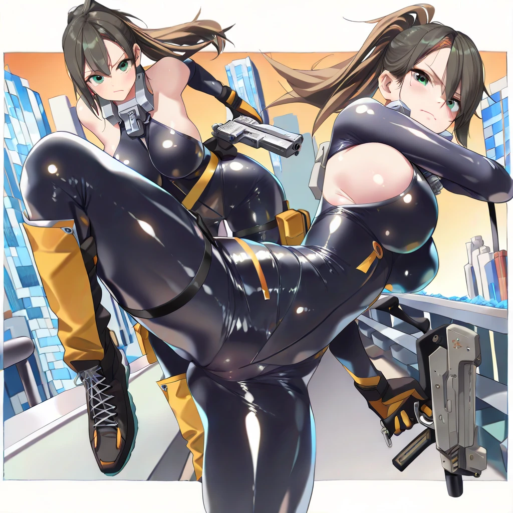 Bodysuit, gun in hand, black hair, bangs, dva