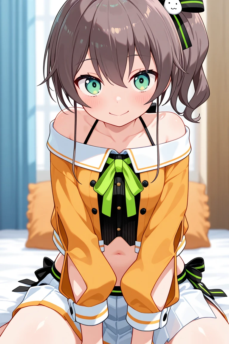 (((Horse Girl))), (((Fine Motion))), Thighs, Sitting on a plush sofa, (((Panties are slightly visible))), smile, Dress like a young lady, (((White panties with green embroidery))), High resolution, The skirt is flipped up, 