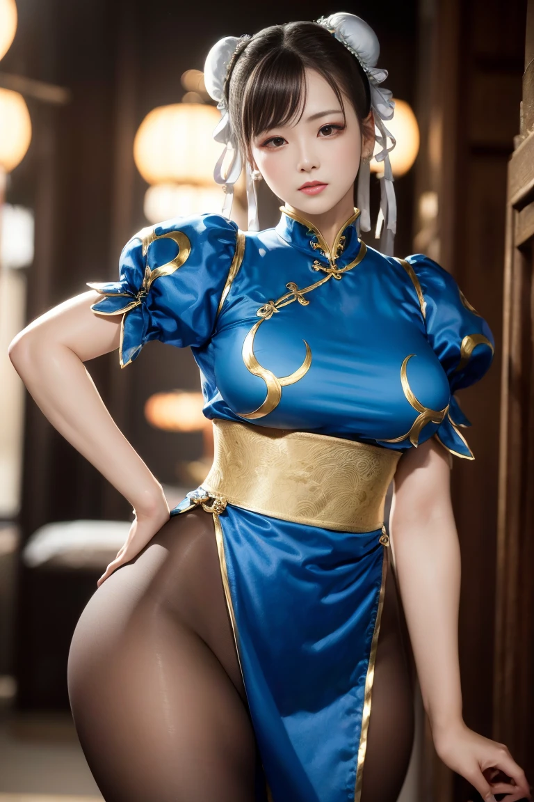 (((ChunLi:1.5、Chun-Li)))、Ultra-high resolution, (Photorealistic:1.4), Japanese, (Beautiful:1.1), (One Woman:1.5), (Age 35:1.3), (Photorealistic photos:1.2), in 8K, Neat bangs, Enlarge the background, (独奏:1.5),、Japanese actress、smile、A smile that seems to burst with joy、whole body、Thick thighs、Is doing a high kick