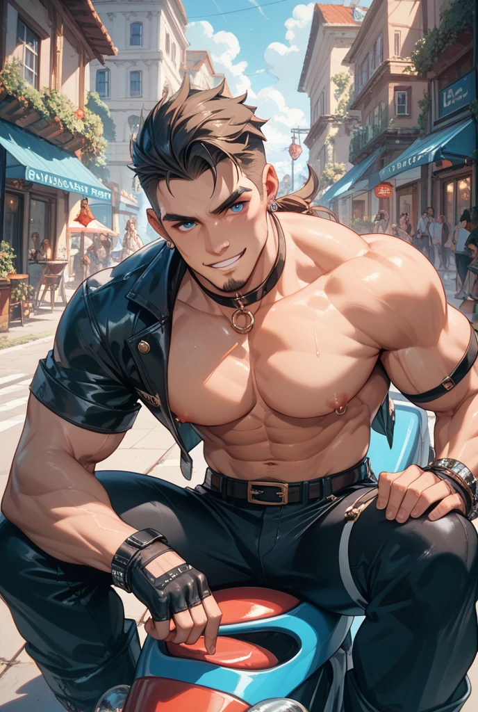 masterpiece, best quality, face, natural eyes, 1man, young man, boy, muscled and mature, mechanic, sweating, tight cloth, naked, full body，recline on the ground, black socks, leather shoes