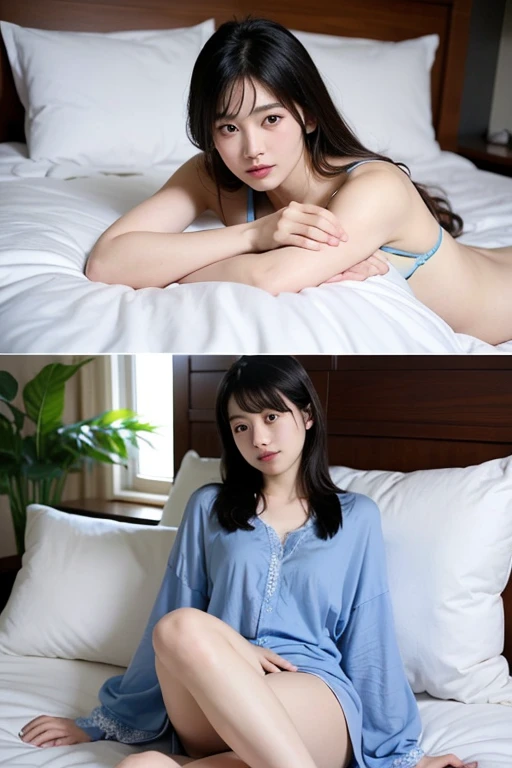 16歳アイドルのようにvery cute、Cute and adorable、Young faceに見える20歳の少女, Young face、very cute、Smiling Kindly、Wearing pajamas、The front of the pajamas is open, exposing your underwear、underwear is clearly visible、Resting on the hotel's spacious terrace、whole body像、whole body、 Natural light、Accurate、Anatomically correct、Textured skin、Super Detail、 Attention to detail、highest quality、High resolution、Real、realism、Raw photo、Genuine、masterpiece