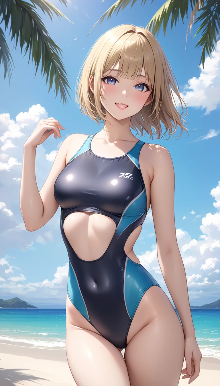 tropical island, beach, palm trees, ocean, beach ball, sand, sky, clouds, sun, sun light, (masterpiece), best quality, 8k, 4k, hd, hires, best quality, masterpiece, ultra-high detailed, hyper-detailed, intricate details, photo-realistic, beautiful details, studio lighting, detailed clothing, highly textured clothing, satin lighting, hyper resolution, insanely detailed, young woman, fit body, slender arms, nice thighs, two piece swimsuit, 2piece