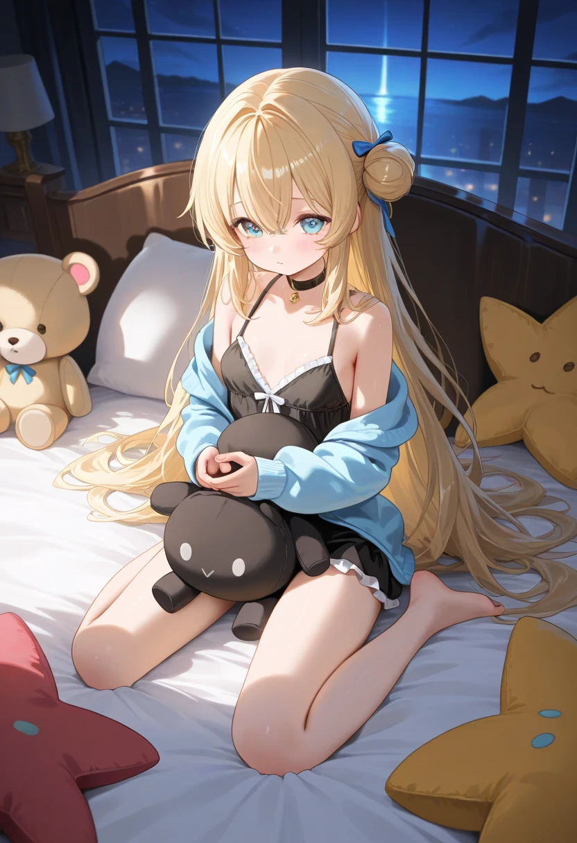 1 loli girl,cowboy shot ,(hugging a stuffed toy), oversize t-shirt, bare shoulder , ((panties)), sitting on the sofa, happy , dutch angle ,blonde hair , ((masterpiece)), ((best quality)), ((ultra-detailed)), (illustration), ((an extremely delicate and beautiful))