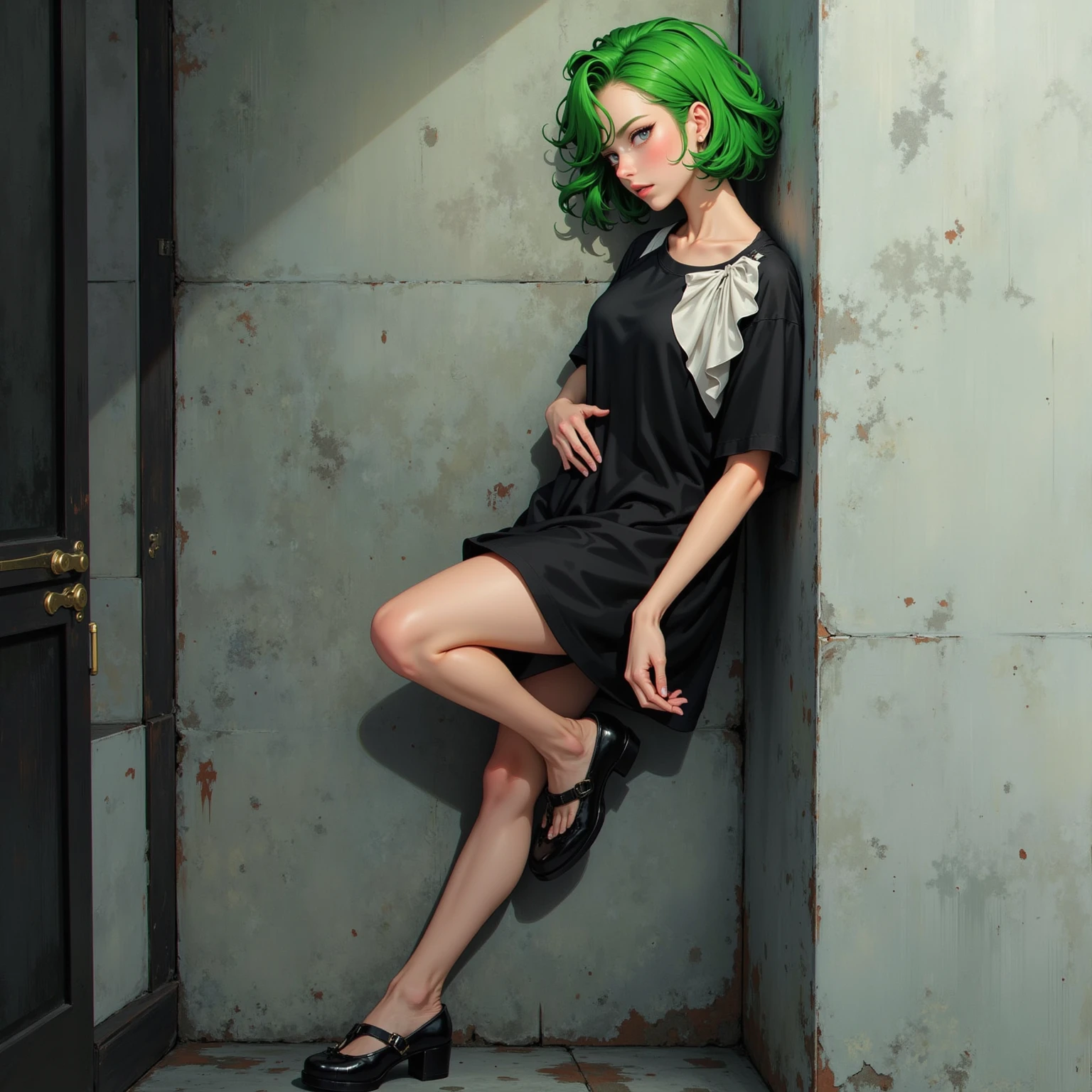 Tatsumaki from one puch man, green hair, sitting legs crossed, curvy body, wearing simple black flats, skirt, entire figure, no background, focus on flats