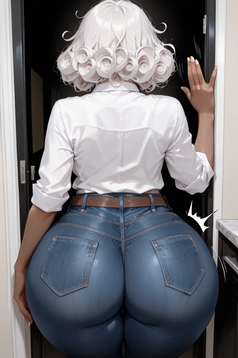 (((front view))), ((Unreal Engine 5)), ((Masterpiece)), ((ultra high definition)), ((ultra high resolution)), ((full sharpness)), ((maximum quality)), ((Cinematic)), ((8k)), ((very white woman)), ((old woman)), ((very elderly woman)), ((80 years old)), ((fat woman)), ((very tall woman)), ((alone)), ((full body)), ((ultra detailed face)), ((ultra detailed eyes)), ((very orange eyes)), ((ultra realist eyes)), ((ultra detailed irises)), ((totally normal irises)), (((identical irises))), ((ultra delicate hands)), ((ultra detailed hands)), ((small hands)), ((normal hands)), ((ultra detailed fingers)), ((natural lighting)), ((malicious smile)), ((smooth skin)), ((ultra small breasts)), ((very big ass)), ((huge ass)), ((huge body)), ((ultra wide hips)), ((huge hips)), ((ultra wide hip bones)), ((very wide pubis)), ((ultra thick thighs)), (((ultra thin waist))), ((natural skin), ((totally ultra realistic)), ((repeat the same face)), ((always the same face)), ((repeat always the same face)), ((always the same body)), ((always the same proportions)), ((always the same clothes)), ((always the same appearance)), ((very flat belly)), ((looking at the camera)), ((wearing shorts and blouse)), ((straight hair)), ((ultra short hair)), ((very white hair)), ((very shinny hair)), ((in an old west saloon, completely abandoned and falling apart)), (((pear shaped body))), ((natural colors)), ((full emphasis on age))
