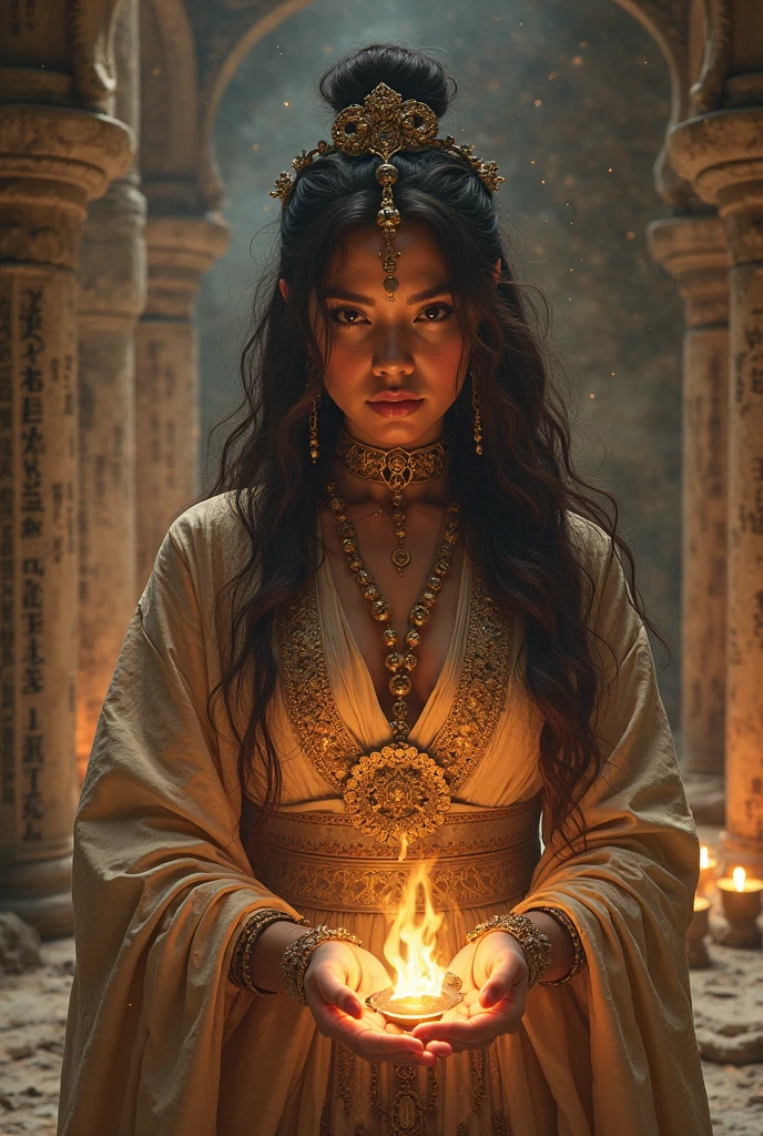 .A detailed and realistic illustration of a woman with both shoulders exposed, leaning slightly forward while holding a candle. Her facial features are distinctly Mayan, with pronounced cheekbones, almond-shaped eyes, and a strong, straight nose. Her long, dark hair flows down her back, framing her face perfectly. She wears a traditional robe with intricate patterns, but the focus is on her face, capturing the beauty and strength of Mayan heritage. The background is a warm, soft gradient that draws attention to her expressive, detailed features. The image should be a masterpiece with every detail meticulously crafted to highlight her Mayan ancestry."

