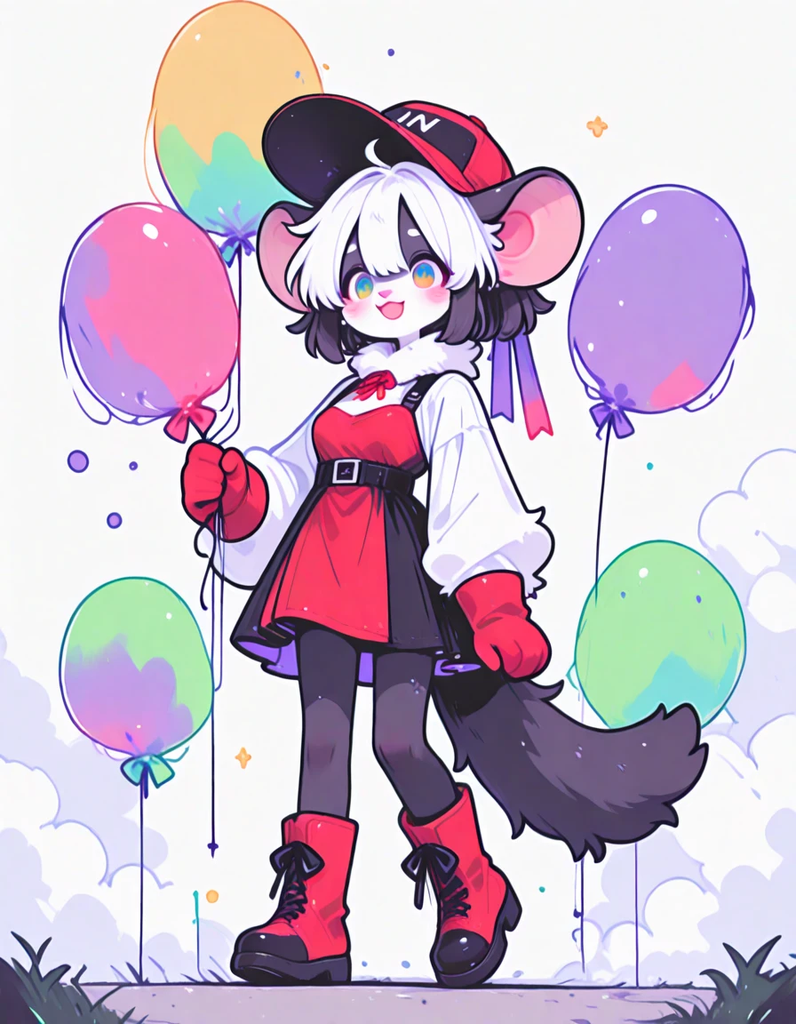 Solo, Furry, Opossum Monster girl with black and white fur with oversized ears, vivid green eyes, and wearing red gloves boots and hat with a cute dress and holding multi-colored smiling balloons
, daytime fluffy white clouds