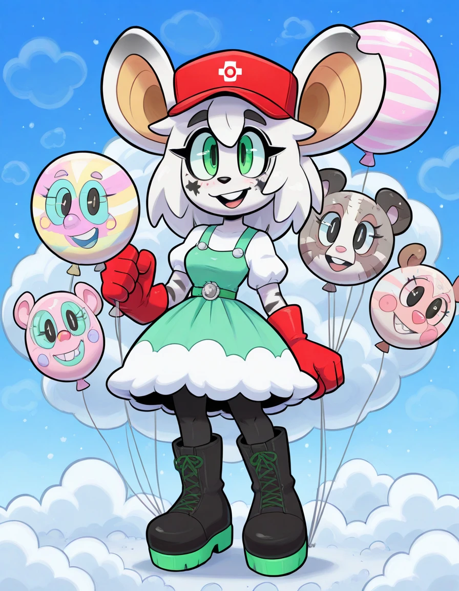 Solo, Furry,  Opossum Monster girl with black and white fur with oversized ears, vivid green eyes, and wearing red gloves boots and hat with a cute dress and holding multi-colored smiling balloons
, daytime fluffy white clouds