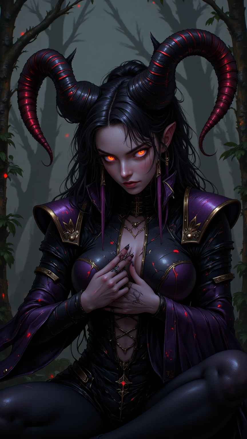 anime, female, art, dark, red, eyes, hair, dark hair, eyes, eyes, eyes, eyes, eyes, eyes, eyes, eyes, tiefling, alluring tiefling druid, attractive tiefling druid, ne zha from smite, tiefling from d & d, beautiful succubus, onmyoji detailed art, epic fantasy art style