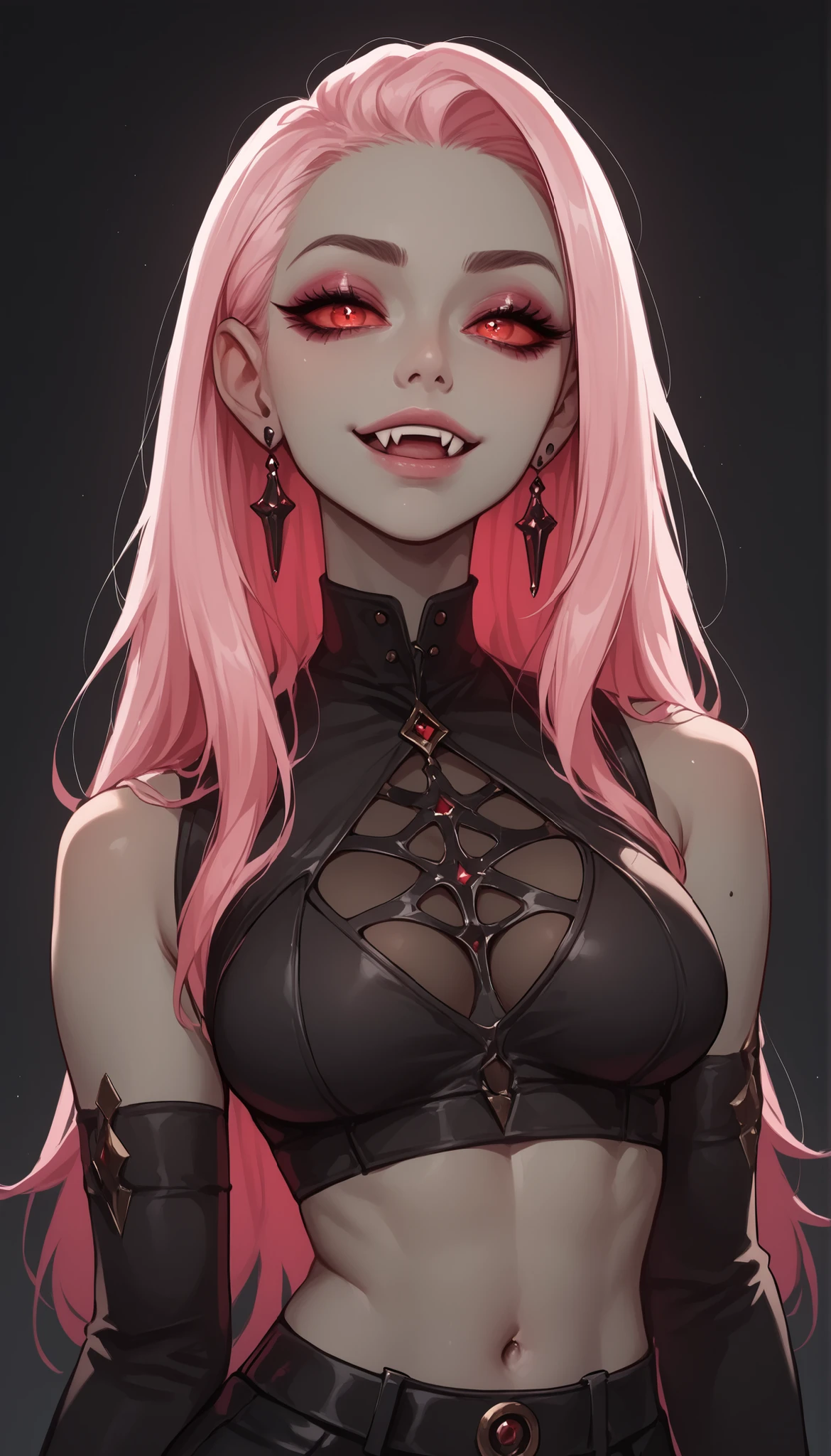 score_9_up, score_9, score_8_up, score_8, score_7_up, score_7, cinematic lighting, raw, high quality, 4k resolution, absurdres, masterpiece, dynamic lighting, high contrast, morimee_style, detailed face, 1girl, solo,
1girl, solo, perfect eyes, (round breasts), (petite), angular features, sharp features, (perfect eyes), ((cute)), perky breasts, busty, slim body, (cute), toned, ((slim body)),
dark background,
Velvette, Earrings, Fangs, Pink Hair, Long Hair, Dark Skin, Colored Skin, Multicolored Hair, Midriff, Colored Sclera, Red Eyes, Eyeshadow, ((Grey skin)), dark skin