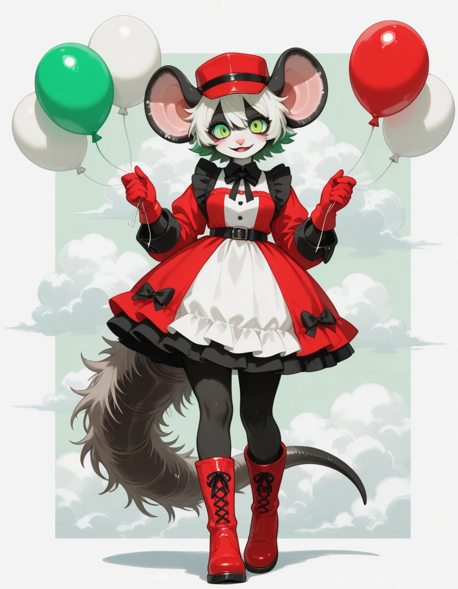 Solo, Furry, Opossum Monster girl with black and white fur with oversized ears, vivid green eyes, and wearing red gloves boots and hat with a cute dress and holding multi-colored smiling balloons
, daytime fluffy white clouds