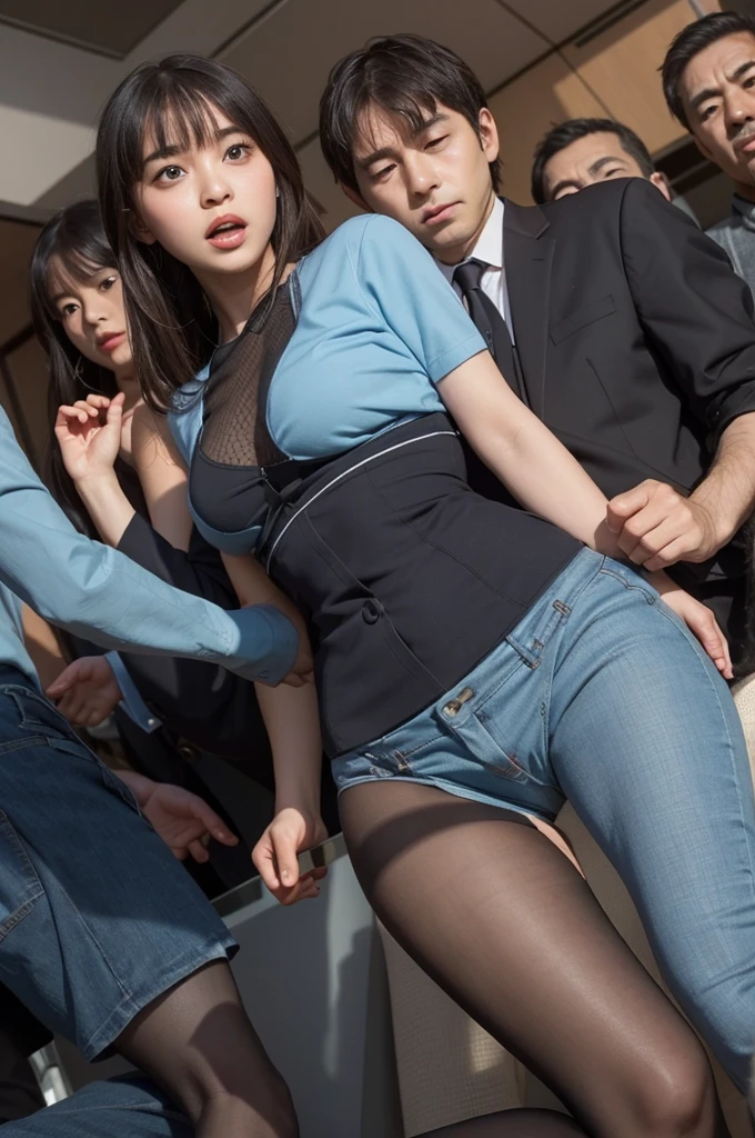 Quarterview, 8k photo image, masterpiece, 最high quality, super resolution, Beauty with brown curly hair, ((korean beauty)), With bangs, Impossibly cute face, and slim, small breasts, high quality, T Masterpiece, exquisite features, she looks sad, delicate eyes, delicate hair, 8K quality, Pale light and shadow, Dindal effect, young country, Erotic scenes, rock, (element), Dark black background, (Group molesters:1.3), 1 korean girl, (Image from below front), She was finger raped by several men, (((In the office room in Korea))), (((She is forced to stand between men and is finger-raped:1.3))), (men are standing around her), (wearing her business blouse and miniskirt), (super beautiful face), (her slim clothes were torn, Her underwear is torn and her skin is visible., pink nipples, thin pubic hair),She is behind the corner of the office, ( She was grabbed breast and ass by the man, The men cupped her buttocks with their hands.:1.3), (her clothes were torn and torn:1,3), (NSFW), (((Her pantyhose is torn and the bottom is exposed.))), (Her miniskirt is being lifted up from below by men.), (((The mans hands are touching her crotch and raping her with his fingers))), (((A man puts his hand inside her skirt))), (((man pulls her skirt))),(((she looks embarrassed))), (((she looks confused)))), (((There is no other woman than her))), ((night)), ((sunless))