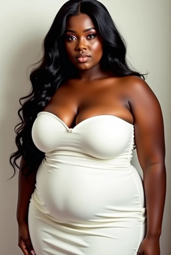 a thick woman in a white dress is posing for a picture, in white clothes , ebony skin , thick woman , medieval clothes , big chubby tits
