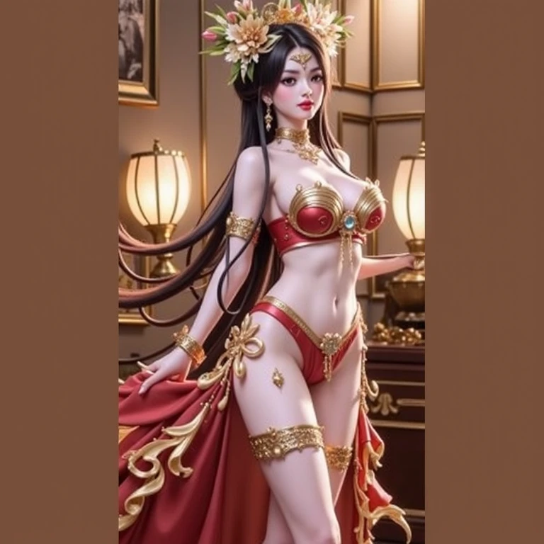 red bikinis,Silk material,ellegance,Unique charm,Graceful posture,Sexy lines,exquisite design,high-necked,fitted cut,As graceful as a swan,red colour,Warm and auspicious,Gold pattern,Gorgeous and luxurious,Golden decoration,Bright colors,Thin gold belt,Slim waist,Feminine beauty,Comely,Flowers with buds to be placed,Seduce the heart,Playful,Traditional charm,Modern fashion,Classical erotic appeal,Admiration and admiration