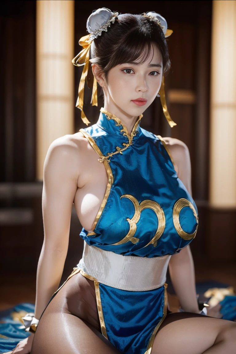real image、masterpiece、1 beautiful girl、double eyelid、highest quality, 超High resolution, (reality: 1.4), movie lighting、asian beauty、super beautiful、beautiful skin、body facing forward、close up of face、(超reality的な)、(High resolution)、(8K)、(very detailed)、(beautiful and detailed eyes)、(Super detailed)、 (wall-)、detailed face、bright lighting、professional lighting、looking at the viewer、look straight ahead、slanted bangs, perfect face, brown hair, ((short hair))、From SF6, smile, open your mouth、wide hips, ((big breasts))、Tight blue Chinese clothing, cleavage、slit、thighs,sitting、((Cross your legs))、